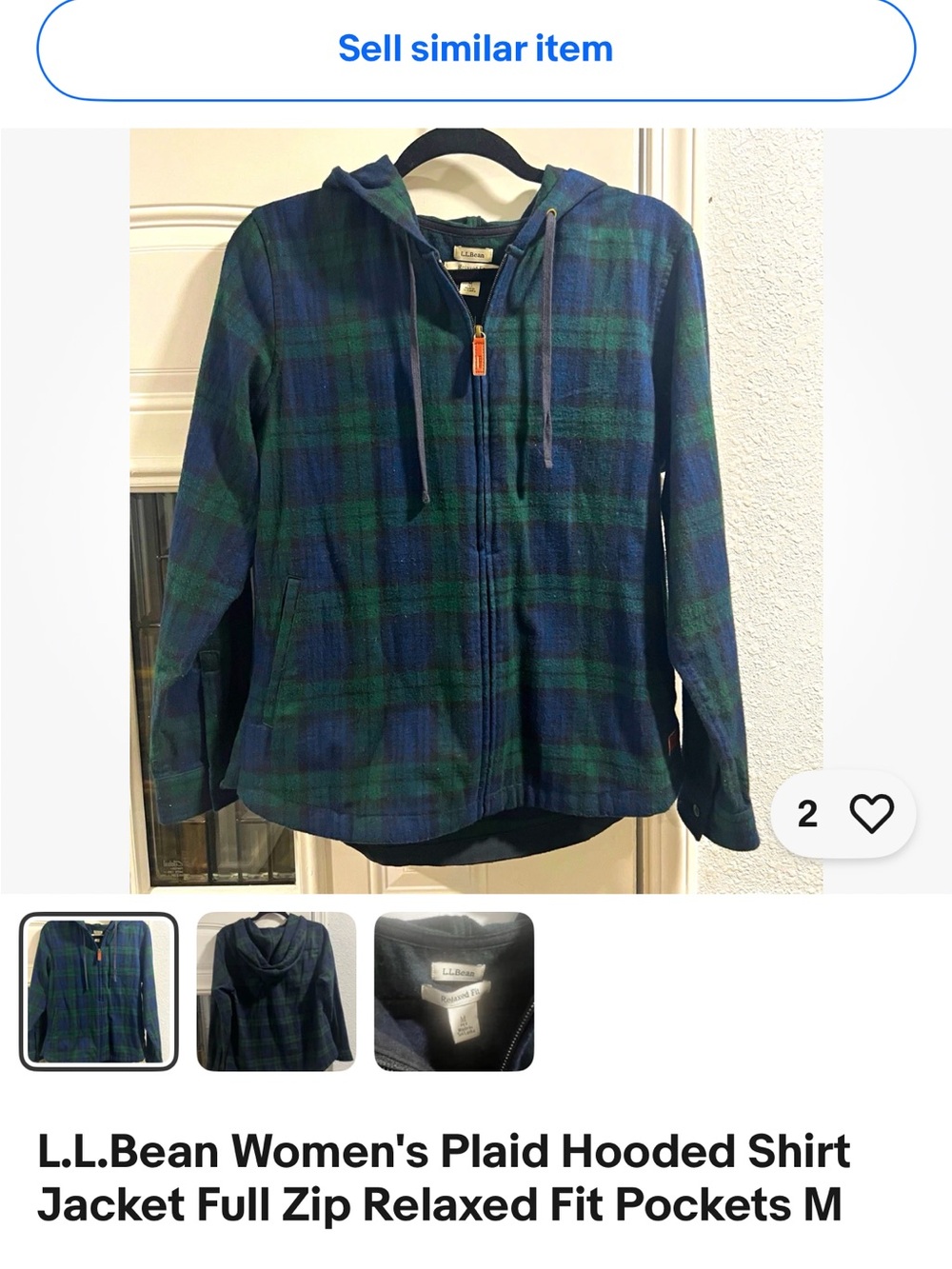 L.L. Bean Plaid women’s Hooded Zip Jacket in Navy and Green
